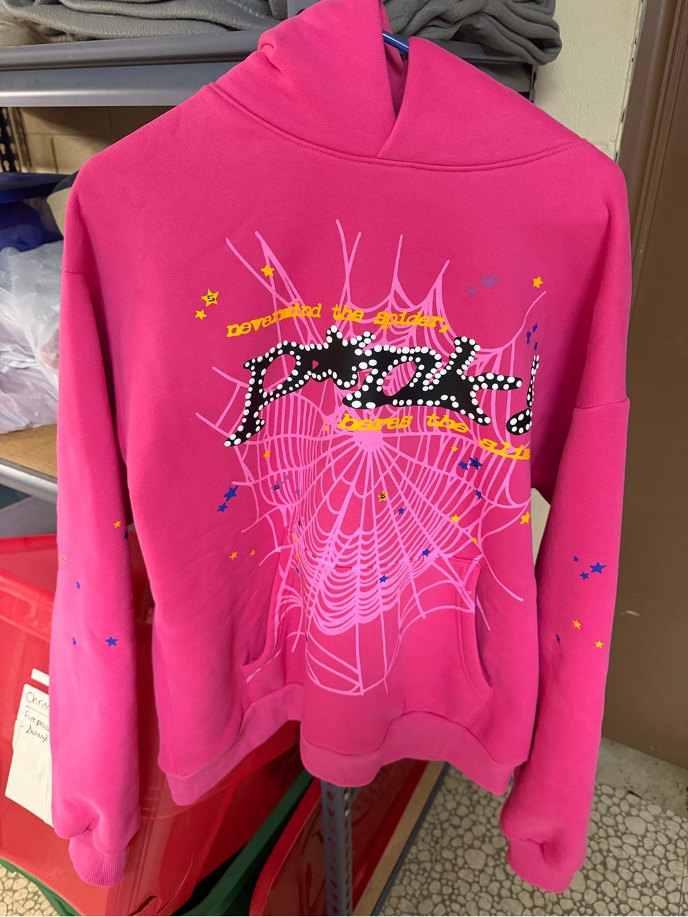 Bright Pink Graphic Pullover Hoodie with Spiderweb Design - Unbranded